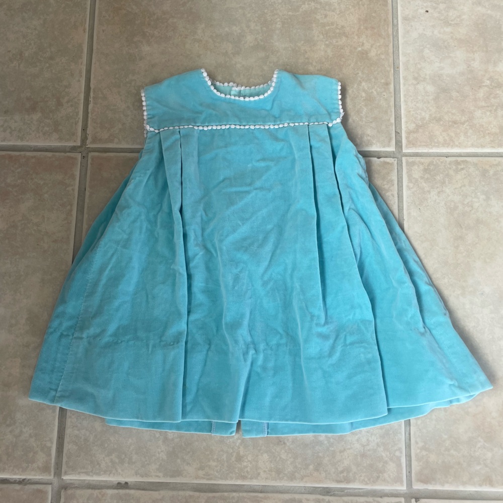 Vintage Aqua Blue Girls Casual Dress with White Trim